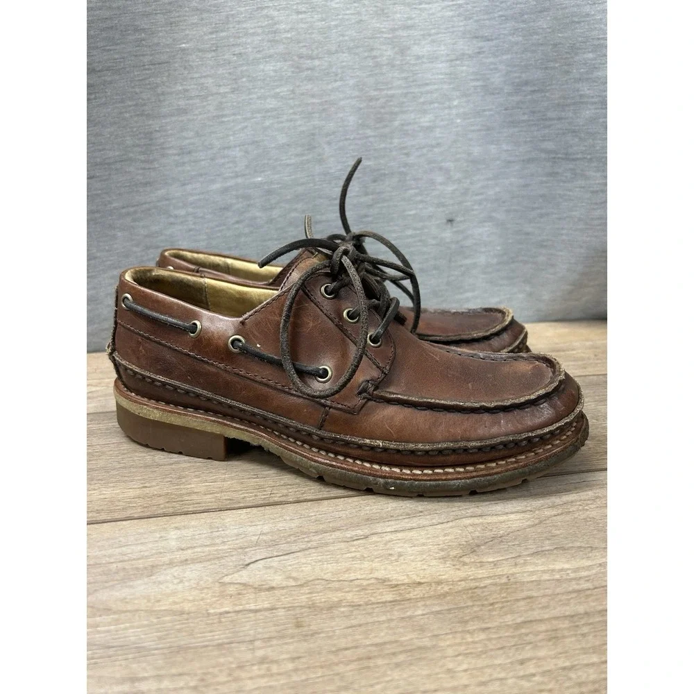 FRYE Nolan Brown Leather Moc Toe Boat Shoes Men's 8D,Mexico Double Bottom Sole